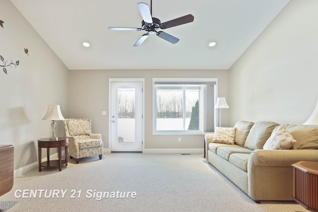 100 Tuscany Cir, Saginaw, MI 48603 - living room featuring baseboards, vaulted ceiling, carpet, a ceiling fan, and recessed lighting