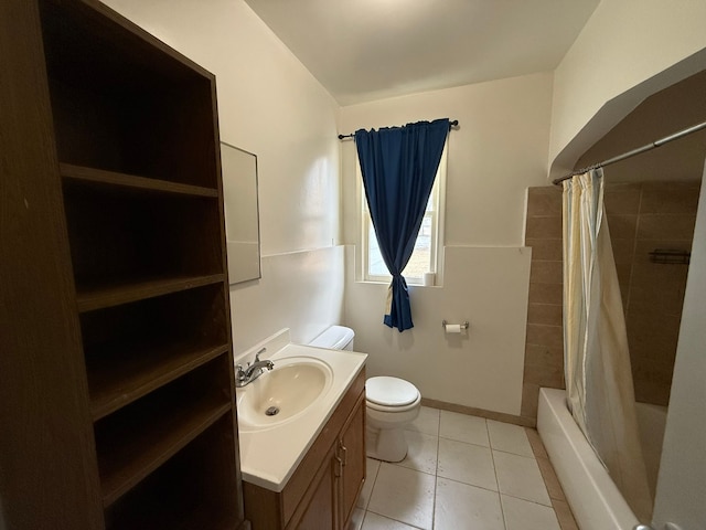 full bath featuring tile patterned flooring, vanity, toilet, and shower / bath combo with shower curtain