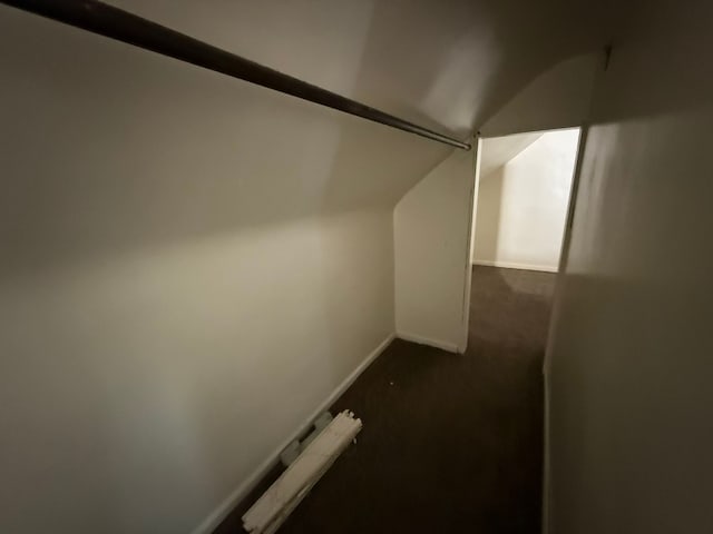 additional living space featuring lofted ceiling, baseboards, and dark colored carpet