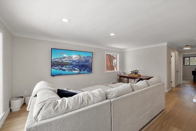 living room with light hardwood / wood-style flooring and a healthy amount of sunlight