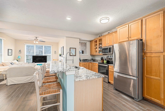 kitchen featuring sink, a breakfast bar area, light stone counters, stainless steel appliances, and a kitchen island with sink