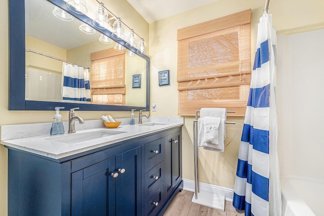 bathroom with wood-type flooring and vanity