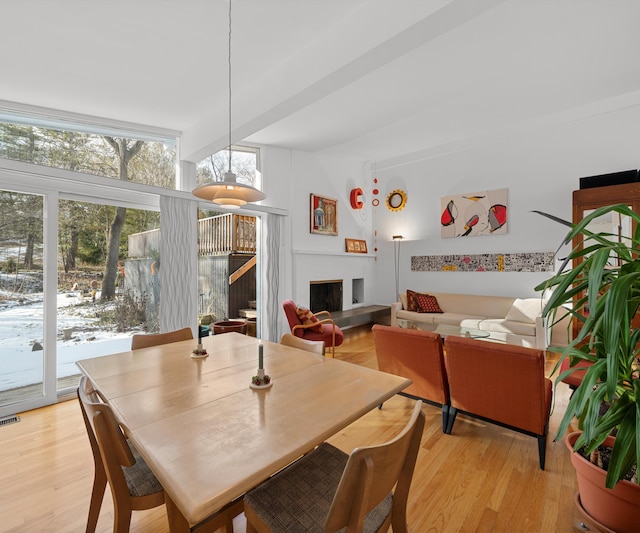 dining space featuring floor to ceiling windows and light hardwood / wood-style flooring