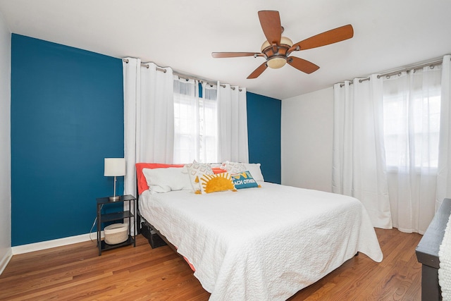 bedroom with ceiling fan and wood-type flooring