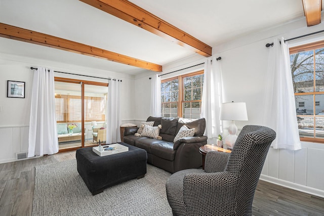 living room with beamed ceiling, dark hardwood / wood-style floors, and a wealth of natural light