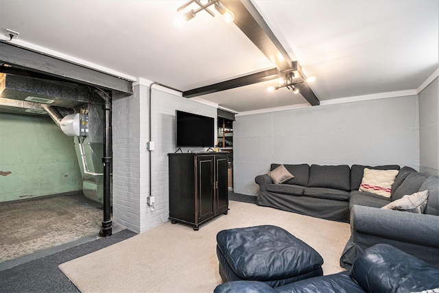 living room featuring beam ceiling