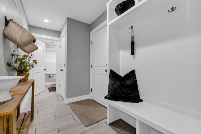 mudroom featuring baseboards and wood tiled floor