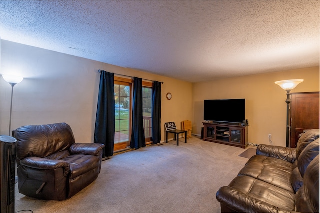 living room featuring light carpet and a textured ceiling