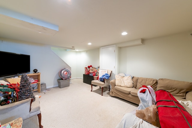 living room featuring light carpet