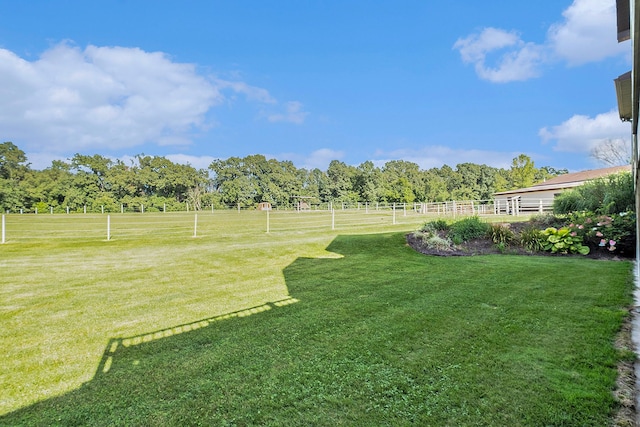 view of yard with fence and a rural view