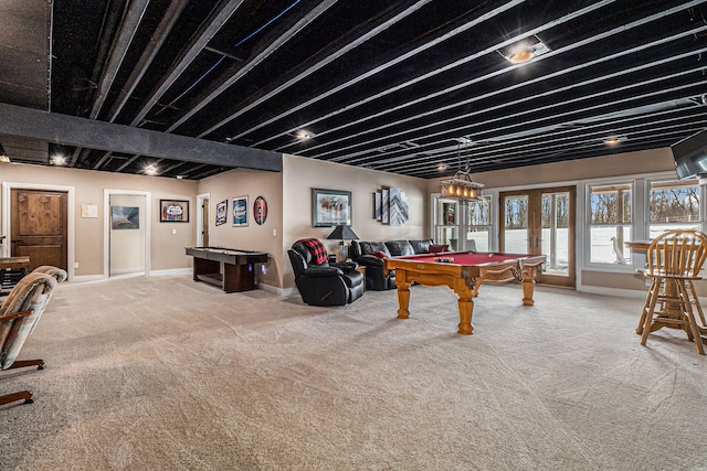 game room featuring carpet flooring, baseboards, french doors, and billiards