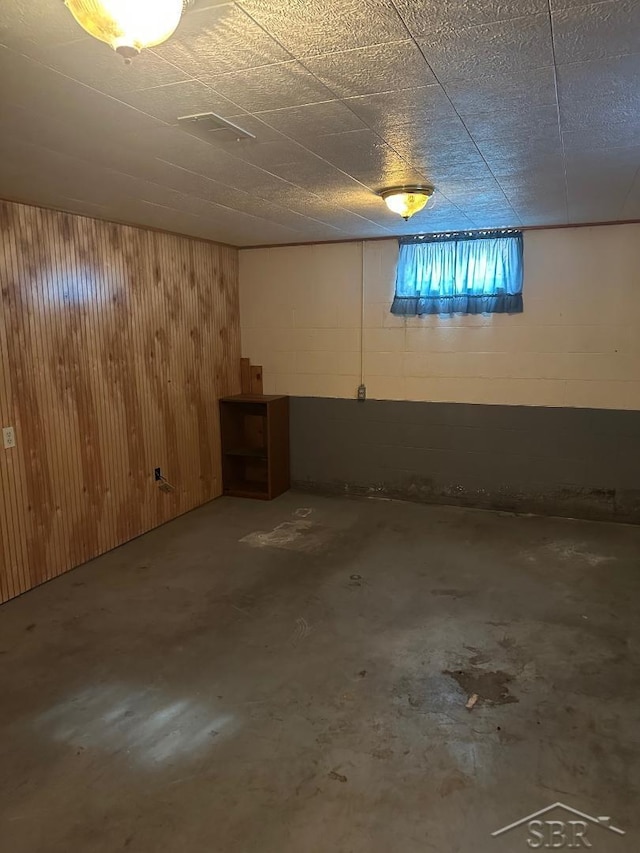 basement with wood walls