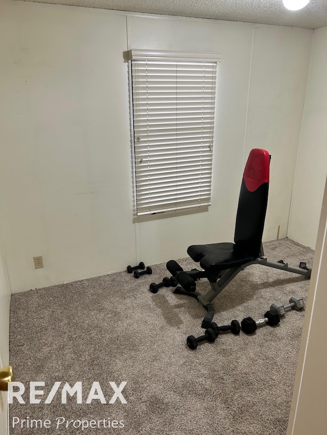 workout room with carpet floors and a textured ceiling