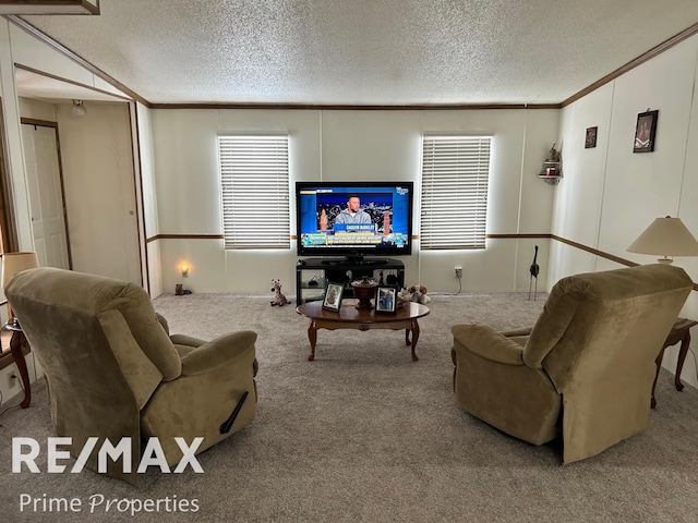 carpeted living room featuring crown molding and a textured ceiling