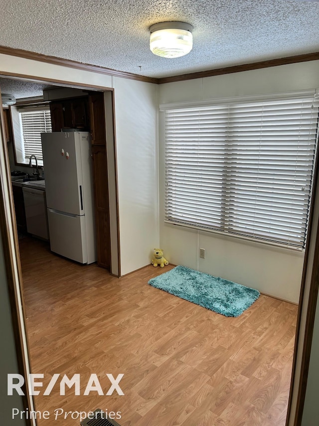 interior space featuring ornamental molding, light hardwood / wood-style floors, and a textured ceiling