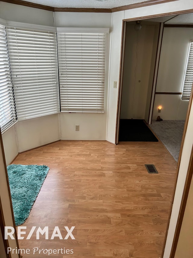 unfurnished room featuring a textured ceiling and light wood-type flooring