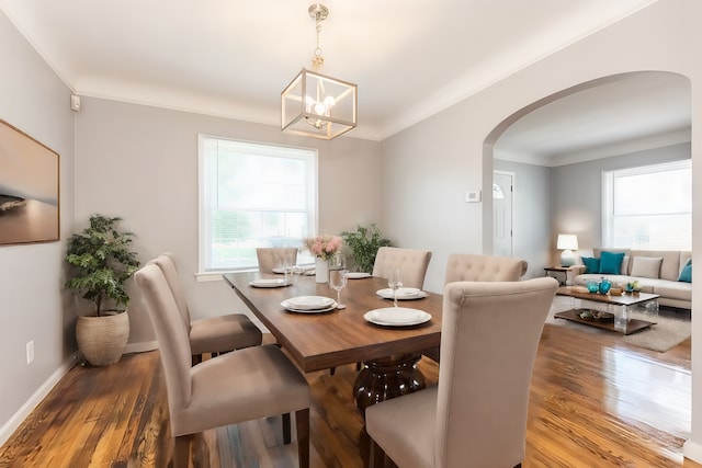 dining room with hardwood / wood-style flooring, crown molding, and a chandelier