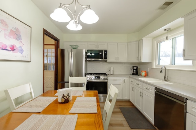 kitchen with appliances with stainless steel finishes, decorative light fixtures, sink, and white cabinets