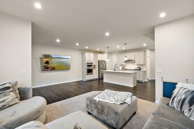 living room featuring dark hardwood / wood-style floors and sink