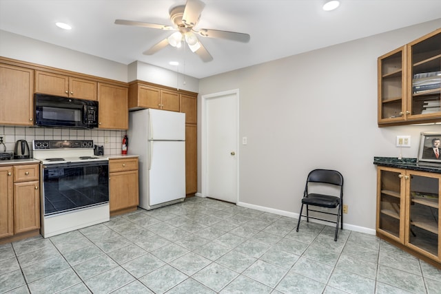 kitchen featuring tasteful backsplash, ceiling fan, light tile patterned flooring, and white appliances