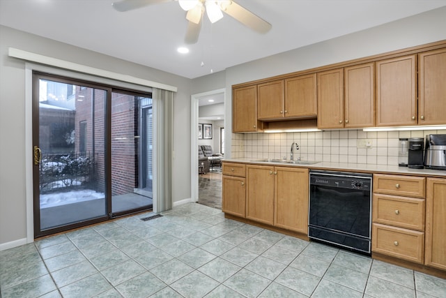 kitchen featuring sink, light tile patterned floors, dishwasher, ceiling fan, and decorative backsplash