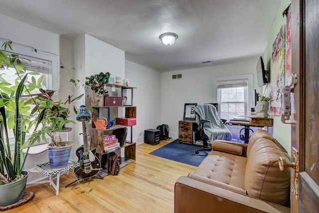 interior space with baseboards, visible vents, and wood finished floors