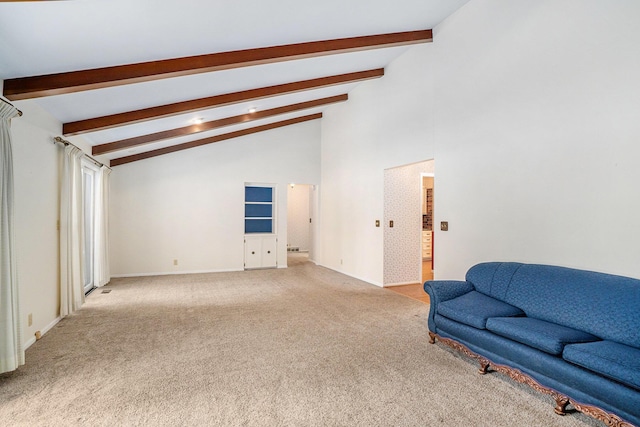 carpeted living room featuring high vaulted ceiling and beam ceiling