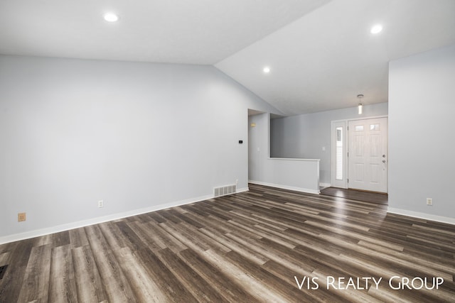 unfurnished living room with recessed lighting, visible vents, baseboards, vaulted ceiling, and dark wood finished floors
