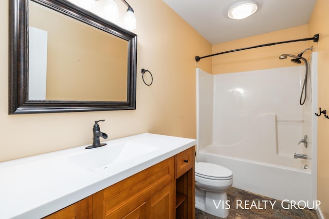 bathroom with bathtub / shower combination, vanity, and toilet