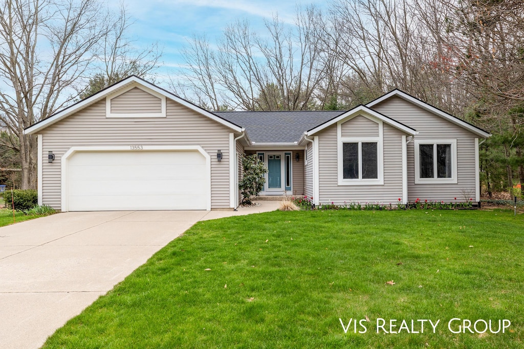 13553 Oakfield Ln, Grand Haven, MI 49417 - ranch-style home featuring a shingled roof, driveway, a front yard, and a garage