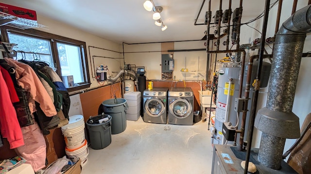 interior space with electric panel, water heater, and independent washer and dryer