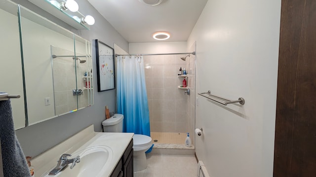 bathroom featuring a stall shower, a baseboard radiator, vanity, and toilet