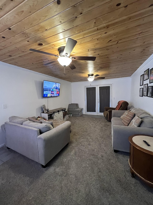 carpeted living room with wood ceiling and ceiling fan