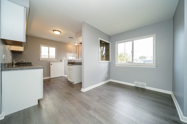 kitchen with white cabinetry, hardwood / wood-style floors, decorative light fixtures, and sink