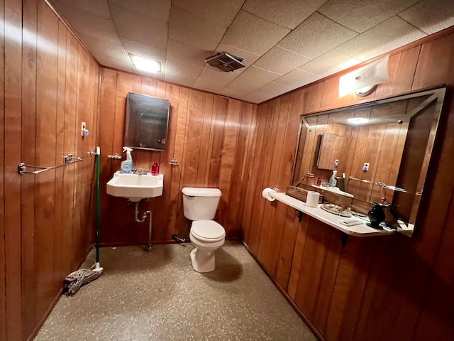 bathroom with wood walls, sink, and toilet