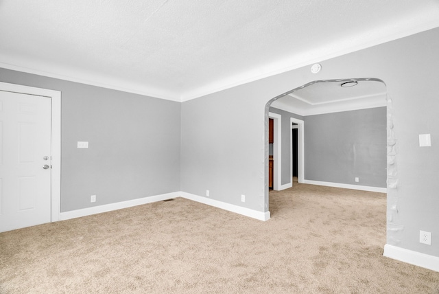 carpeted spare room with crown molding and a textured ceiling