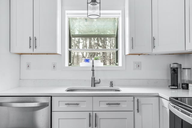 kitchen featuring dishwasher, sink, and white cabinets