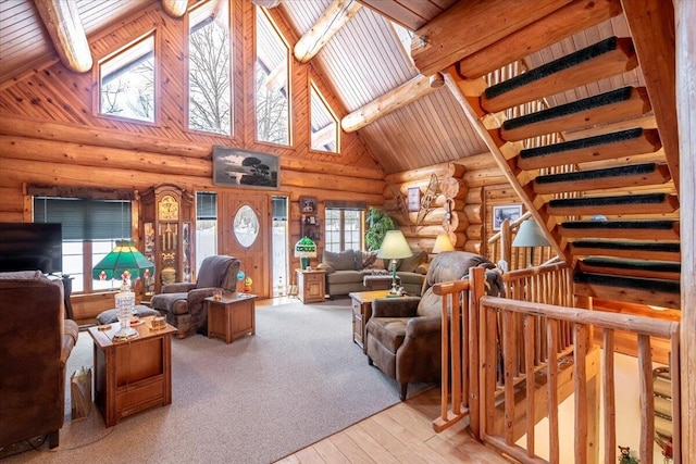 living room featuring high vaulted ceiling, wood ceiling, and beam ceiling