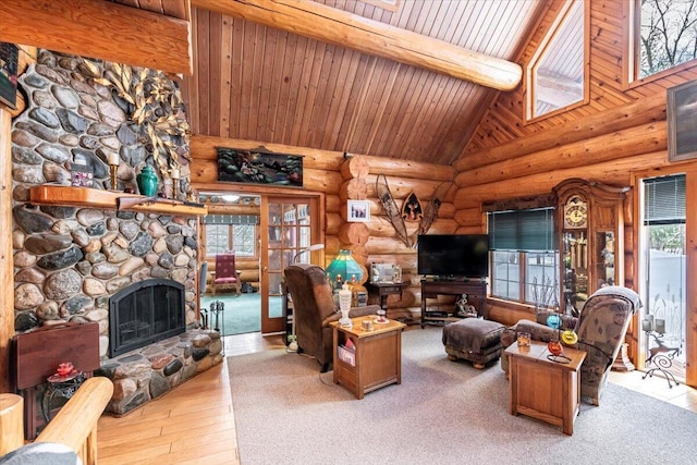 living room with a fireplace, wood ceiling, high vaulted ceiling, beamed ceiling, and log walls