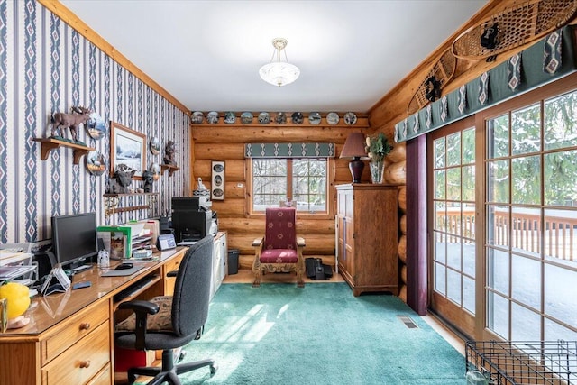 office area with carpet flooring and log walls