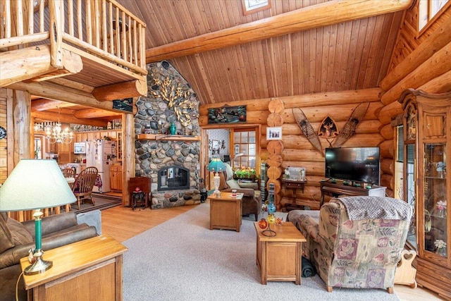 living room with beam ceiling, wood ceiling, log walls, a notable chandelier, and a fireplace