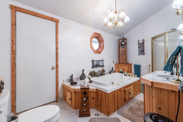 full bathroom with toilet, an inviting chandelier, separate shower and tub, vaulted ceiling, and vanity