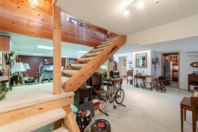 basement with rail lighting, a textured ceiling, and carpet flooring