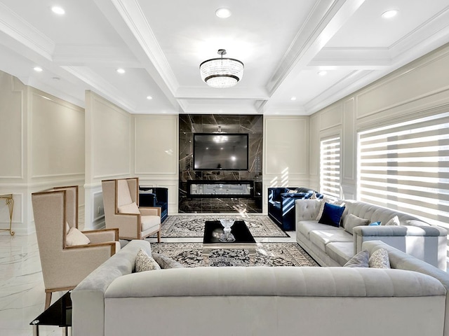 living room with beamed ceiling, ornamental molding, and coffered ceiling