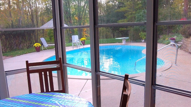 view of swimming pool with a patio area and a diving board