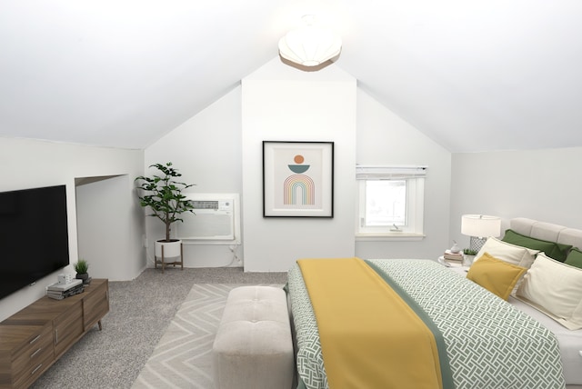 bedroom with an AC wall unit, vaulted ceiling, and carpet flooring