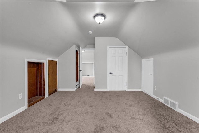 additional living space with vaulted ceiling and carpet floors