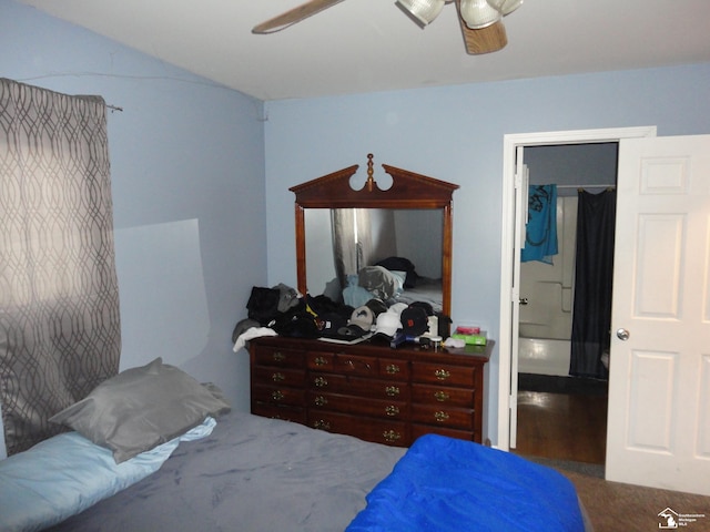 bedroom with ceiling fan and carpet flooring