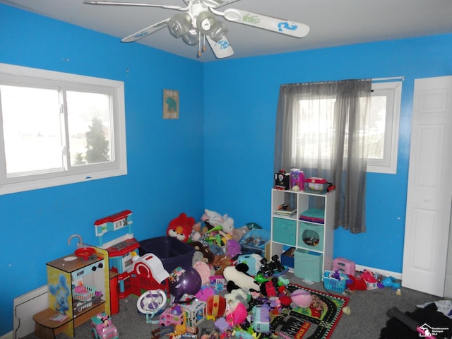 recreation room featuring ceiling fan