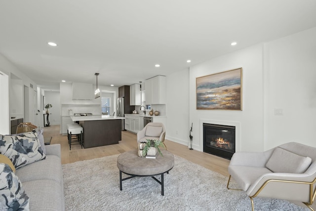 living room featuring sink and light hardwood / wood-style flooring